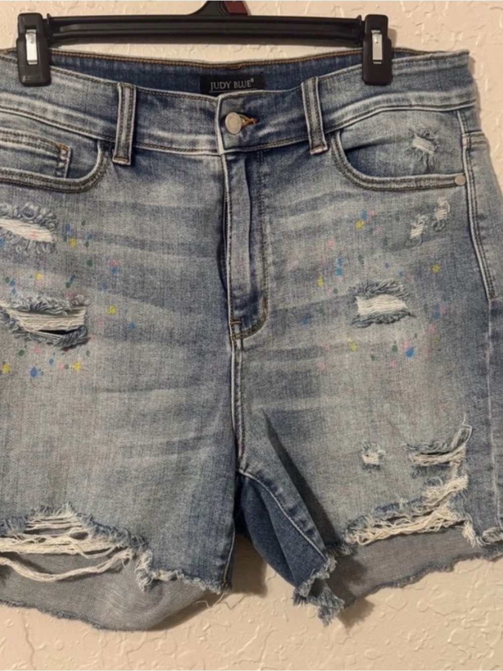 Judy Blue Light Wash Distressed Denim Shorts with Paint splatters
